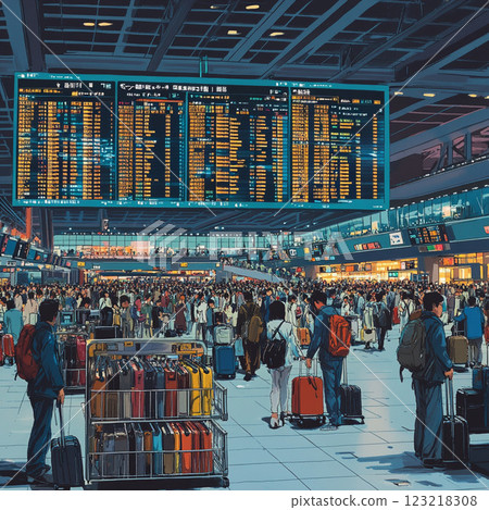 無數行李箱和人群交會的國際機場 無數行李箱和人群交會的國際機場 123218308