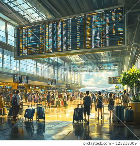 機場早晨陽光明媚，人們正準備出發 123218309