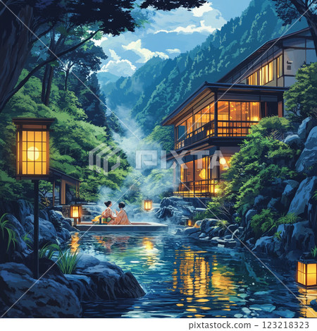 A quiet hot spring in the mountains, with flickering lights providing the ultimate relaxation experience 123218323