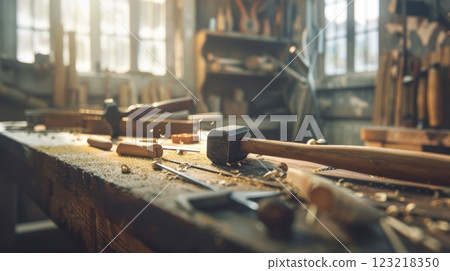 Craftsmanship in Action: Hammer and Tools in a Traditional Carpenter's Workshop 123218350