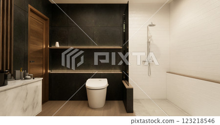black and white brick scene bathroom with shower and Toilet and decoration on modern toilet room style .3D rendering 123218546