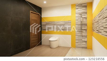 yellow color concept bathroom shower and Toilet and decoartion on modern zen toilet room japan style .3D rendering yellow color concept bathroom shower and Toilet and decoartion on modern zen toilet room japan style .3D rendering 123218556