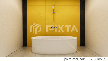 yellow color concept bathroom shower and Toilet and decoartion on modern zen toilet room japan style .3D rendering yellow color concept bathroom shower and Toilet and decoartion on modern zen toilet room japan style .3D rendering 123218564