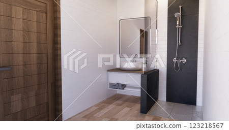 black and white brick scene bathroom with shower and Toilet and decoration on modern toilet room style .3D rendering black and white brick scene bathroom with shower and Toilet and decoration on modern toilet room style .3D rendering 123218567