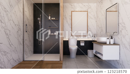 black and white brick scene bathroom with shower and Toilet and decoration on modern toilet room style .3D rendering black and white brick scene bathroom with shower and Toilet and decoration on modern toilet room style .3D rendering 123218570