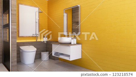yellow color concept bathroom shower and Toilet and decoartion on modern zen toilet room japan style .3D rendering 123218574