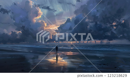 Stormy Beach Dusk: Solitude by the Sea with Dramatic Clouds and Crashing Waves 123218629