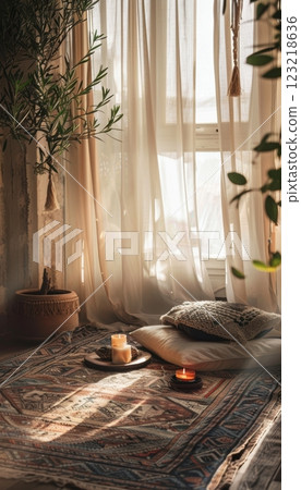 Cozy Indoor Meditation Space with Candlelight and Natural Accents for Relaxation and Mindfulness Cozy Indoor Meditation Space with Candlelight and Natural Accents for Relaxation and Mindfulness 123218636
