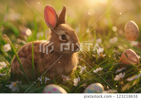 Festive Spring Bunny in Sunny Field with Decorated Easter Eggs and Flowers 123218638