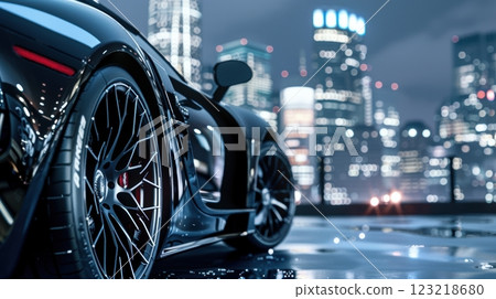Luxury Car with High-Performance Brake Pads Against Sleek Urban Backdrop for Design Uses 123218680