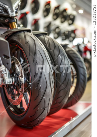 Motorcycle Tires Showcase for Versatile Riding Styles in Showroom Display 123218753