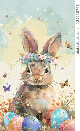 Whimsical Easter Bunny Wearing Flower Crown in a Pastel Meadow with Painted Eggs and Butterflies 123218768