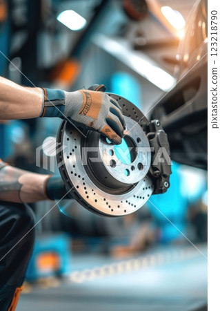 Skilled Mechanic Installing Brake Pads in Well-Lit Garage Setting for Automotive Maintenance 123218790