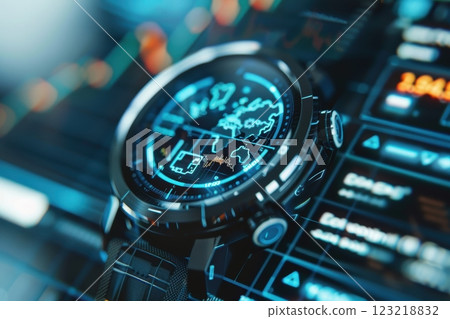 Futuristic Smartwatch Display Confirming Cryptocurrency Transaction with Vibrant Digital Interface 123218832