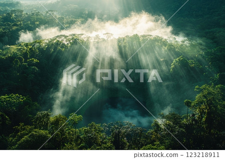 Dramatic Volcanic Crater in Lush Jungle with Sun Rays and Steam for Nature Exploration Design Dramatic Volcanic Crater in Lush Jungle with Sun Rays and Steam for Nature Exploration Design 123218911