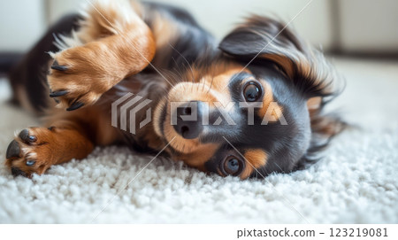Cute miniature dachshund lying down 123219081