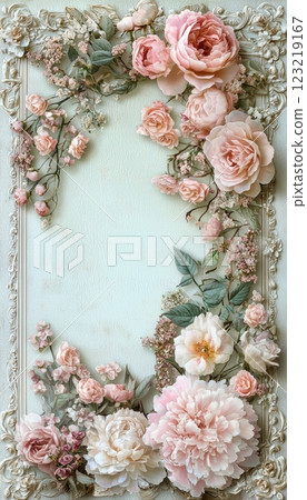 Elegant Mother's Day Card with Intricate Floral Border in Soft Pastel Colors Elegant Mother's Day Card with Intricate Floral Border in Soft Pastel Colors 123219167