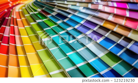 Vibrant Color Palette Guide with Swatches on Designer's Workspace for Branding Inspiration 123219230