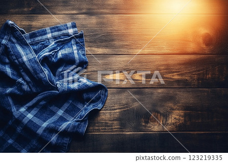 Blue Checkered Tablecloth on Rustic Wooden Surface with Warm Light Reflection 123219335