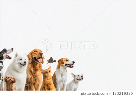 Adorable Pets Sitting Together Against a White Background with a Butterfly in the Scene Adorable Pets Sitting Together Against a White Background with a Butterfly in the Scene 123219350