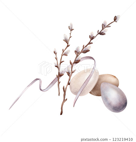 Easter composition with Chicken paint eggs and willow branches and ribbon. Symbols of Easter celebration for card. Watercolor hand drawn pastel color illustration isolated on a white background. Easter composition with Chicken paint eggs and willow branches and ribbon. Symbols of Easter celebration for card. Watercolor hand drawn pastel color illustration isolated on a white background. 123219410