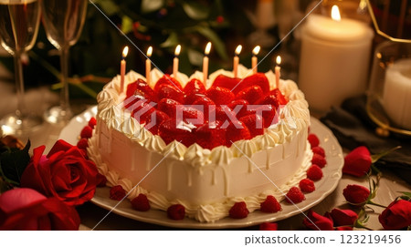 Romantic Anniversary Celebration with Heart-Shaped Cake and Roses Romantic Anniversary Celebration with Heart-Shaped Cake and Roses 123219456