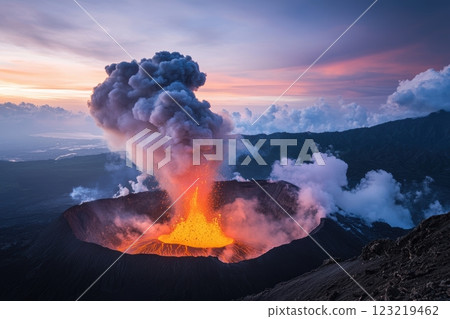 Volcanic Eruption at Dawn with Lava Fountains and Spreading Smoke for Dramatic Posters Volcanic Eruption at Dawn with Lava Fountains and Spreading Smoke for Dramatic Posters 123219462