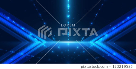 Abstract technology futuristic neon arrow glowing blue on dark blue background. Abstract technology futuristic neon arrow glowing blue on dark blue background. 123219585