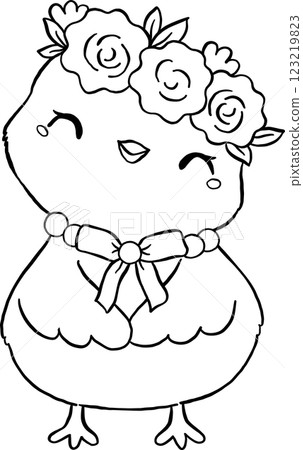 Coquette Easter Chicken with Floral Crown Outline Coquette Easter Chicken with Floral Crown Outline 123219823
