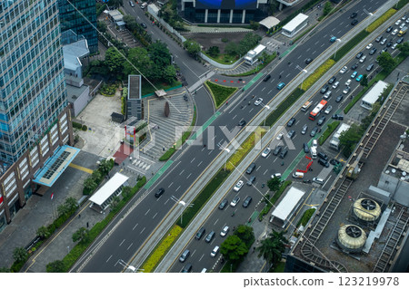 City and road scenery seen from the rooftop of a building 123219978