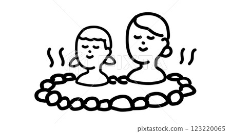A hand-drawn vector illustration of a mother and her little daughter relaxing together in a hot spring 123220065