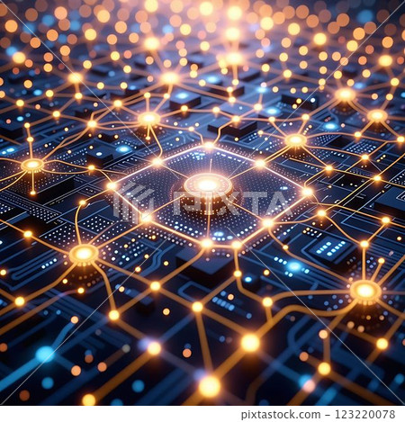 Abstract digital connectivity, glowing data streams and circuits illustrate the unseen world of AI and internet communication. 123220078
