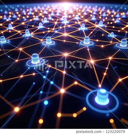 Glowing circuits and neural pathways form a futuristic visualization of artificial intelligence and internet connectivity. 123220079