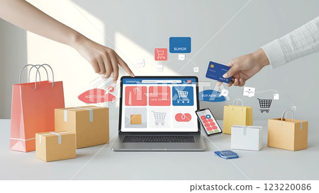 A visually engaging stock photo that represents the ease of e-commerce, featuring a smartphone, shopping icons, and delivery elements, perfect for your creative needs. 123220086