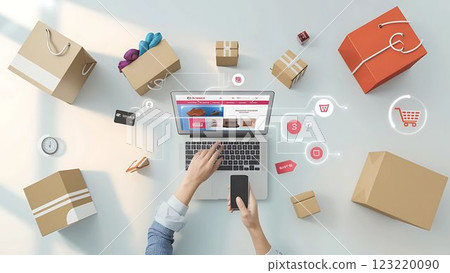 This high-quality stock photo perfectly captures the convenience of online shopping, making it ideal for websites, advertisements, and digital marketing projects. 123220090