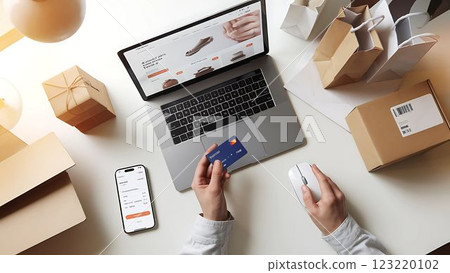 From browsing to checkout, this minimalist composition highlights the convenience of e-commerce and fast delivery. 123220102