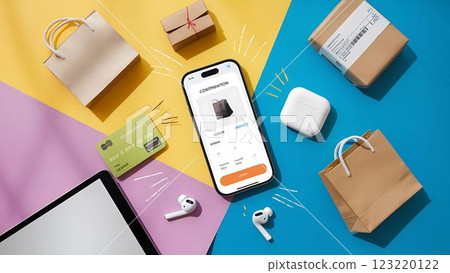 Bright and playful, this flat lay brings online shopping to life with cashless transactions and instant purchases. Bright and playful, this flat lay brings online shopping to life with cashless transactions and instant purchases. 123220122