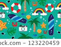 Summer pattern seamless fabric summer season. beach elements on green background. Designed for background ,wallpaper ,summer pattern ,wrapping paper ,travel ,holiday ,weekend ,vacation ,beach 123220459