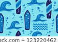 Summer pattern seamless fabric summer season. wave water and surfboard on blue background. Designed for background ,wallpaper ,summer pattern ,wrapping paper ,travel ,holiday ,weekend ,vacation ,sea 123220462