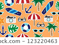 Summer pattern seamless fabric summer season. sticker beach elements on sand background. Designed for background ,wallpaper ,summer pattern ,wrapping paper ,travel ,holiday ,weekend ,vacation ,beach 123220463