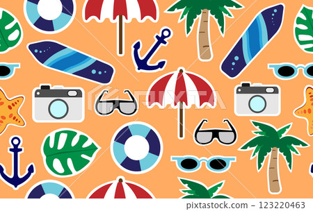 Summer pattern seamless fabric summer season. sticker beach elements on sand background. Designed for background ,wallpaper ,summer pattern ,wrapping paper ,travel ,holiday ,weekend ,vacation ,beach 123220463