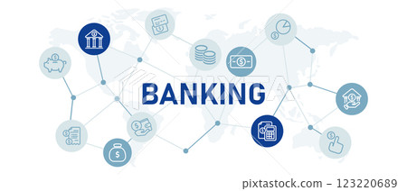 Banking icon set with illustration bank building money investment profit investment payment cash credit debit card wallet dollar sign currency coins balance loan financial design 123220689