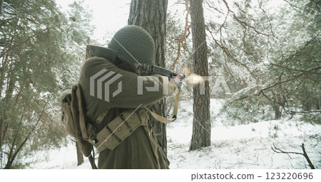 Usa Soldier With Old Thompson Sub-machine Gun. Close-up View Detail On Thompson Sub-machine Gun In Hands Of Re-enactor Dressed As American Infantry Soldier. Usa Army Soldiers Of World War Ii 123220696