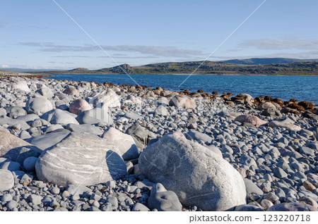 Rocky beach of the sea, summer landscape 123220718