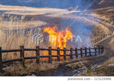 On the day of the mountain burning on February 15, 2025 at Soni Plateau, the mountain burning is lit in the square at the entrance. 123220906