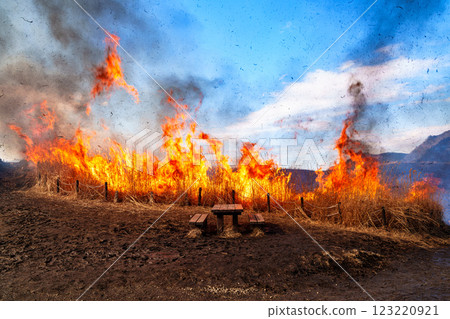 On the day of the mountain burning on February 15, 2025, Soni Plateau, the mountain burning is lit in the square at the entrance. 123220921