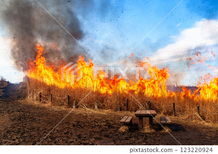 On the day of the mountain burning on February 15, 2025, Soni Plateau, the mountain burning is lit in the square at the entrance. On the day of the mountain burning on February 15, 2025, Soni Plateau, the mountain burning is lit in the square at the entrance. 123220924