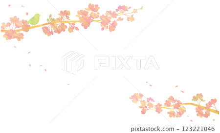 Collage illustration of cherry blossom trees and small birds Spring background material 123221046