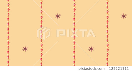 Anise stars with vertical stripes red gold Beads, garland Christmas, New Year, winter ornament. Watercolor illustration hand drawn. Festive fabric wrapping paper on isolated yellow coloured background Anise stars with vertical stripes red gold Beads, garland Christmas, New Year, winter ornament. Watercolor illustration hand drawn. Festive fabric wrapping paper on isolated yellow coloured background 123221511