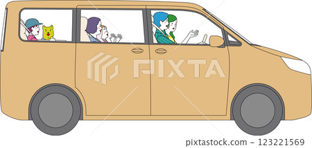 從側面看到的小型貨車。一家人開著車,臉上洋溢著幸福的笑容。 從側面看到的小型貨車。一家人開著車,臉上洋溢著幸福的笑容。 123221569